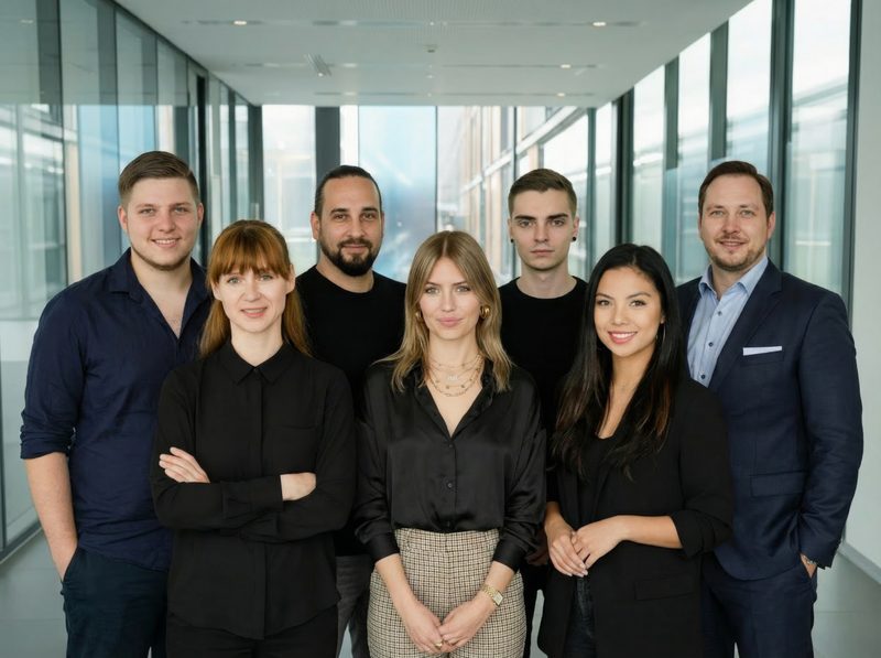 Das Team hinter Taxinio, sieben Personen nebeneinander in einem Büroflur